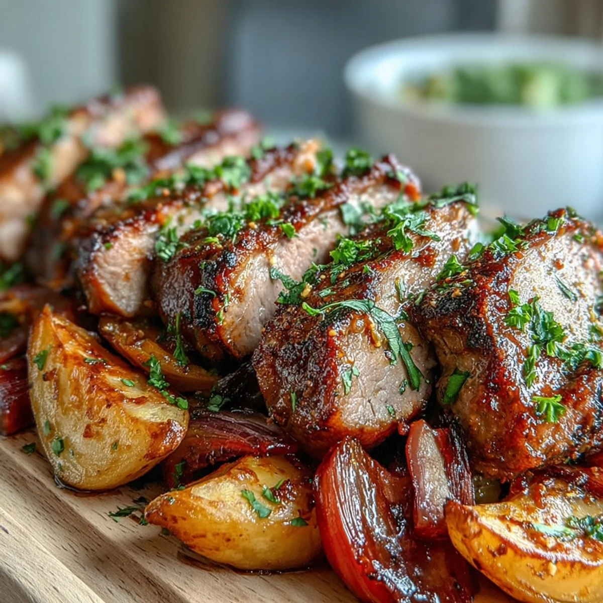 Freshly baked Pork and Aromatic Rhubarb Traybake steams on a baking sheet, showcasing tender meat and vibrant red onions.