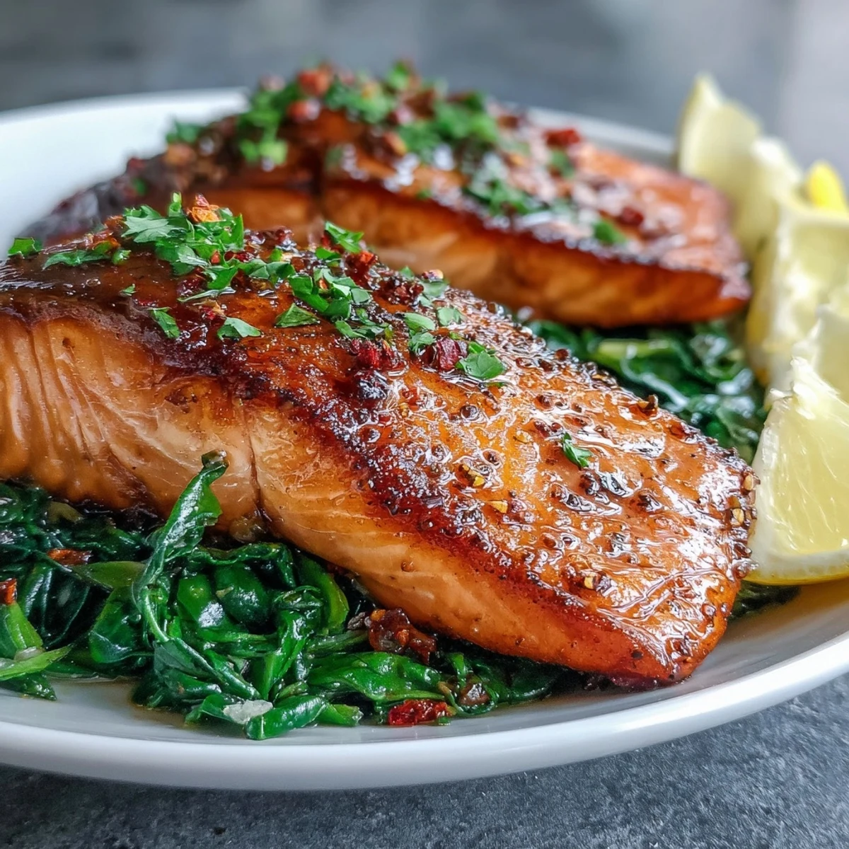 Golden-brown, crisp-skinned Air Fryer Salmon fillets resting on a bed of vibrant green, sautéed garlicky Swiss chard.