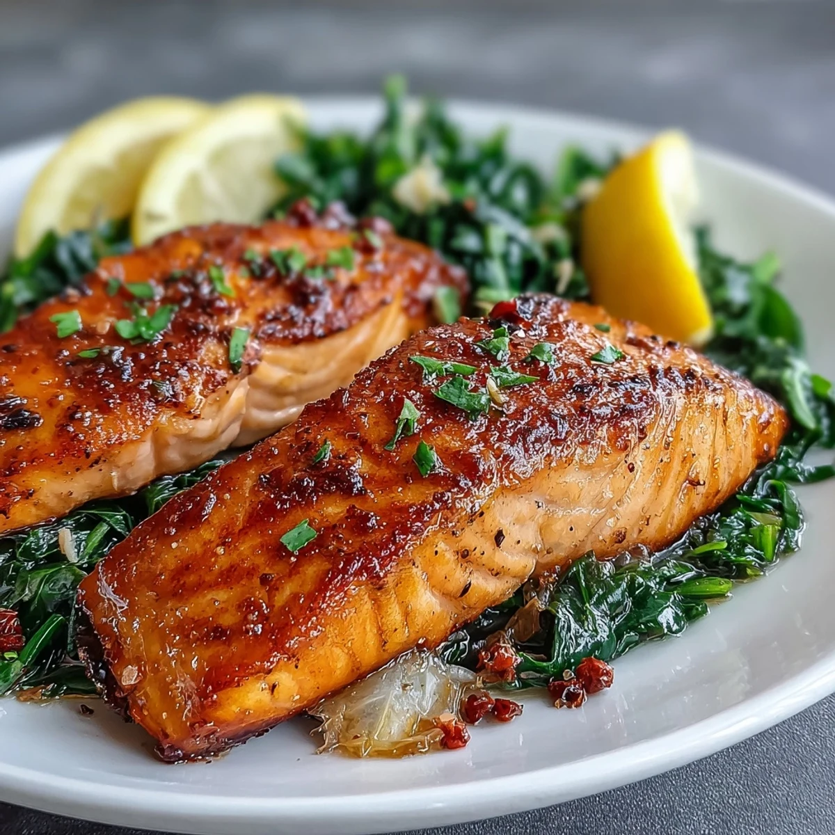 Plated dinner featuring Air Fryer Salmon and Swiss chard, garnished with fresh lemon wedges for a bright finish.