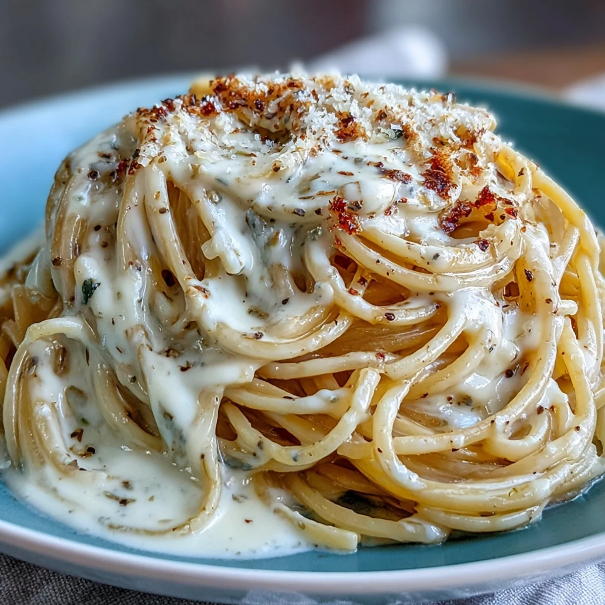 Creamy Cacio e Pepe pasta twirled on a fork, topped with extra Pecorino Romano and cracked black pepper.