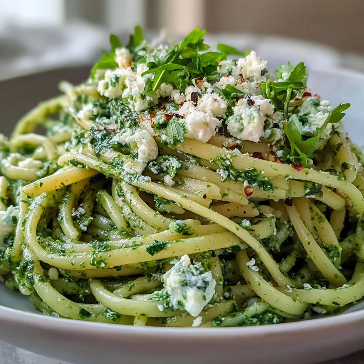 Steaming Linguine with Arugula Pesto tossed with vibrant green pesto and extra Parmesan.