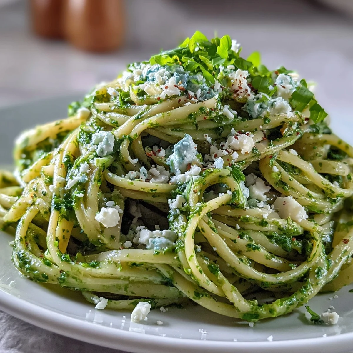 Fresh Linguine with Arugula Pesto plated with extra arugula garnish and black pepper.