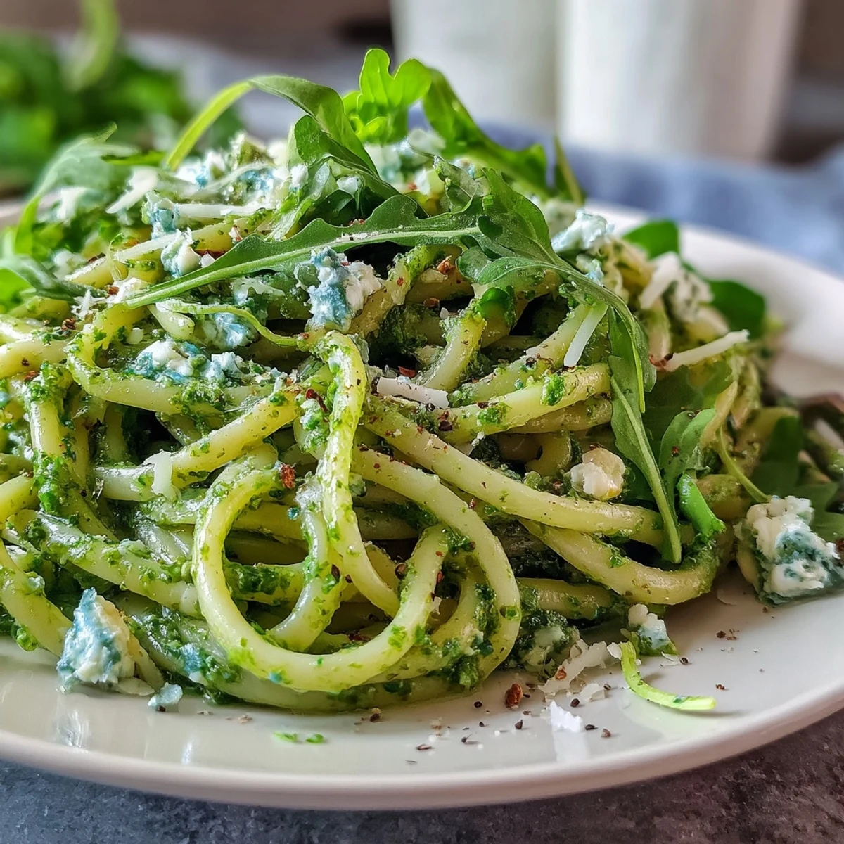 Creamy Linguine with Arugula Pesto served in a white bowl with a lemon wedge.
