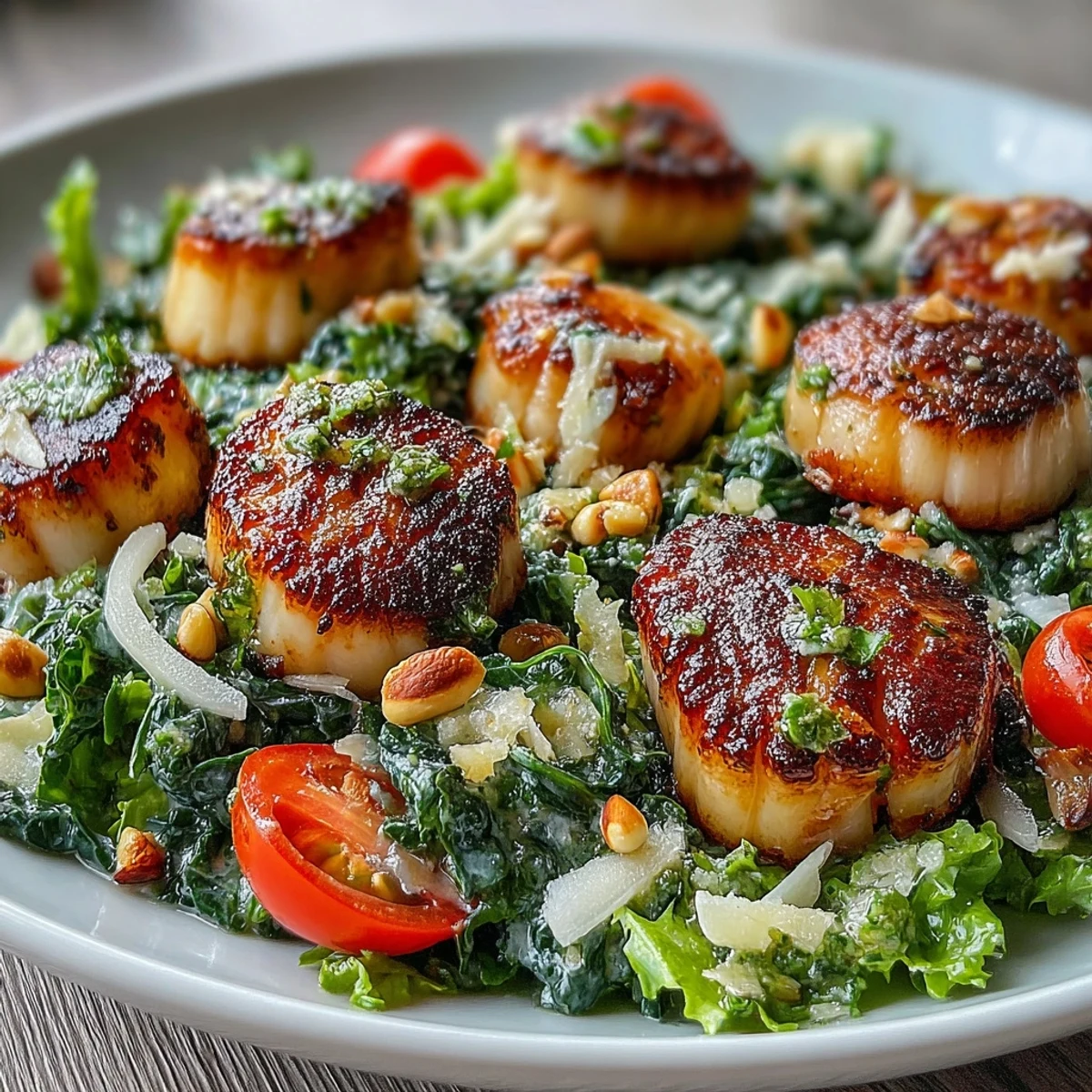 Golden seared scallops rest atop a crisp escarole salad with cherry tomatoes and shaved Parmesan.