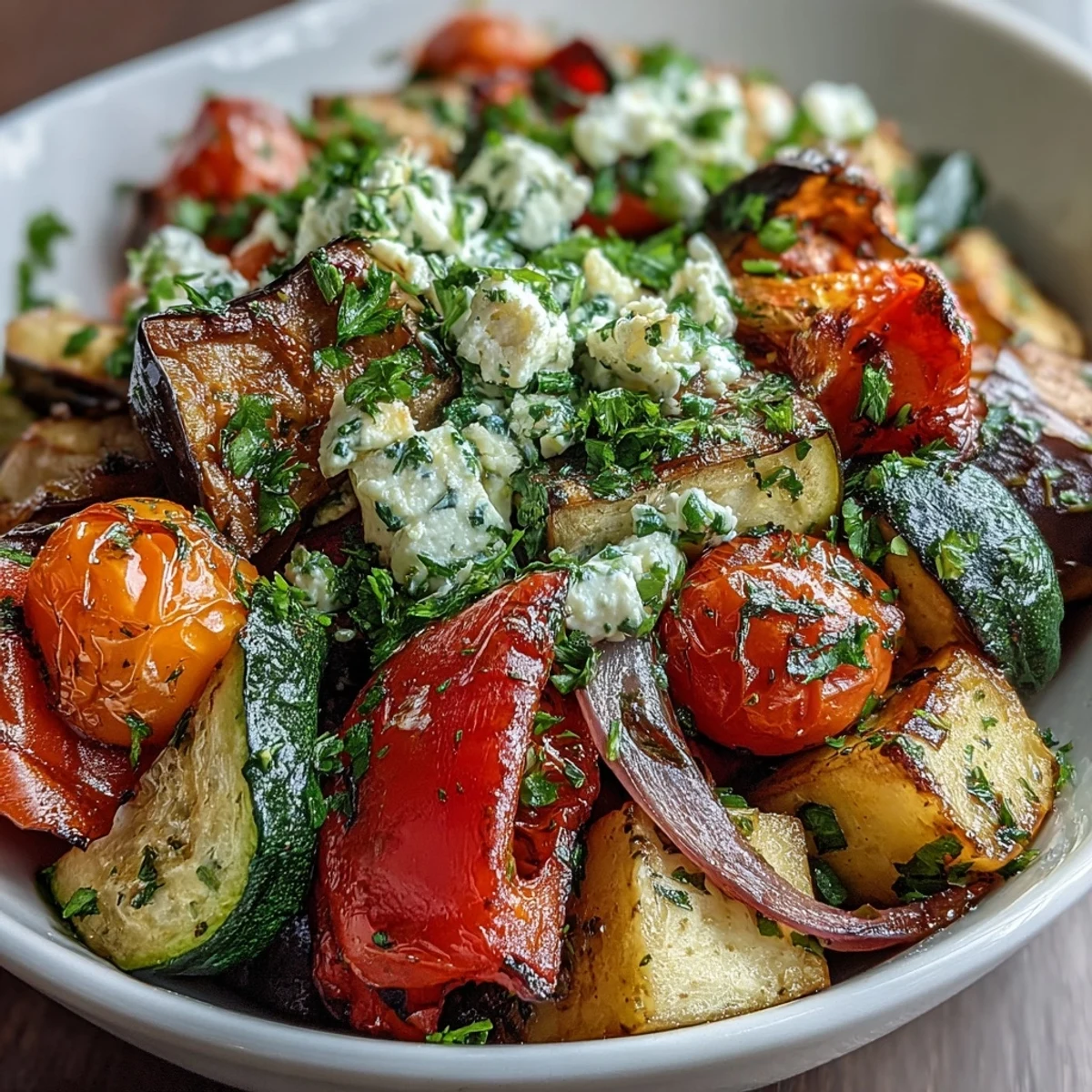 Freshly roasted Mediterranean Greek vegetables with golden edges, zucchini, peppers, and eggplant topped with crumbled feta and parsley.