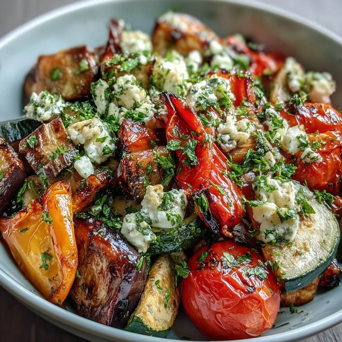 Colorful roasted Mediterranean Greek vegetables, lightly caramelized in olive oil and herbs, served warm from the oven on a rustic platter.