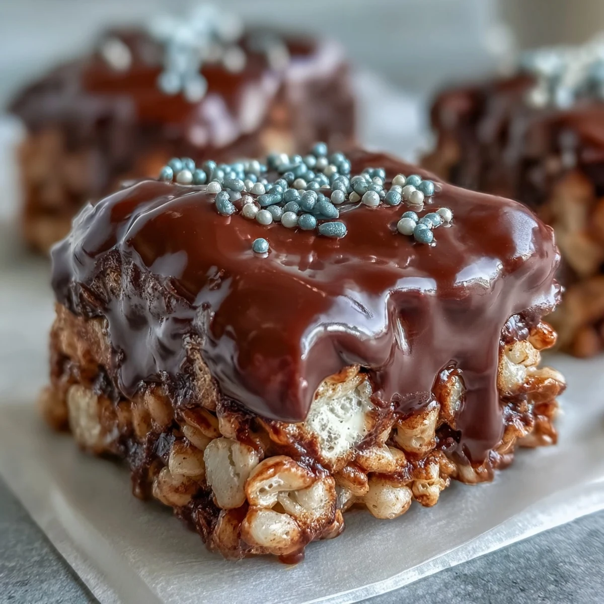 Homemade Chocolate Covered Rice Krispy Treats stacked on a plate, showcasing the crispy cereal texture and gooey marshmallow layer beneath melted chocolate.