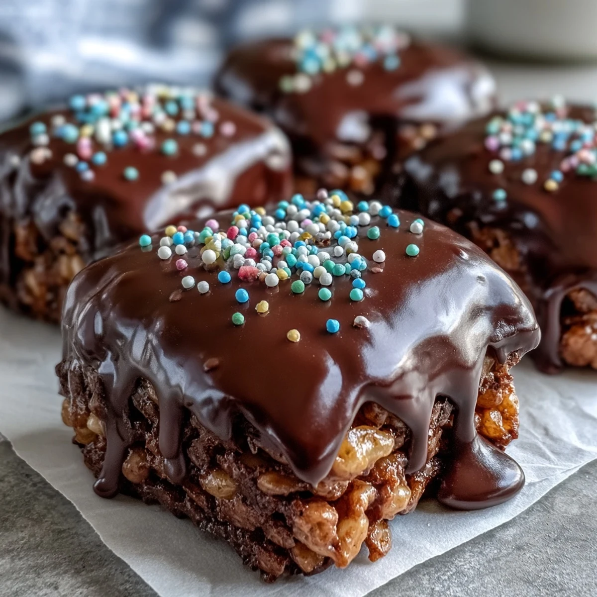 Chocolate Covered Rice Krispy Treats bars ready for a party, placed near a tall glass of cold milk for serving.