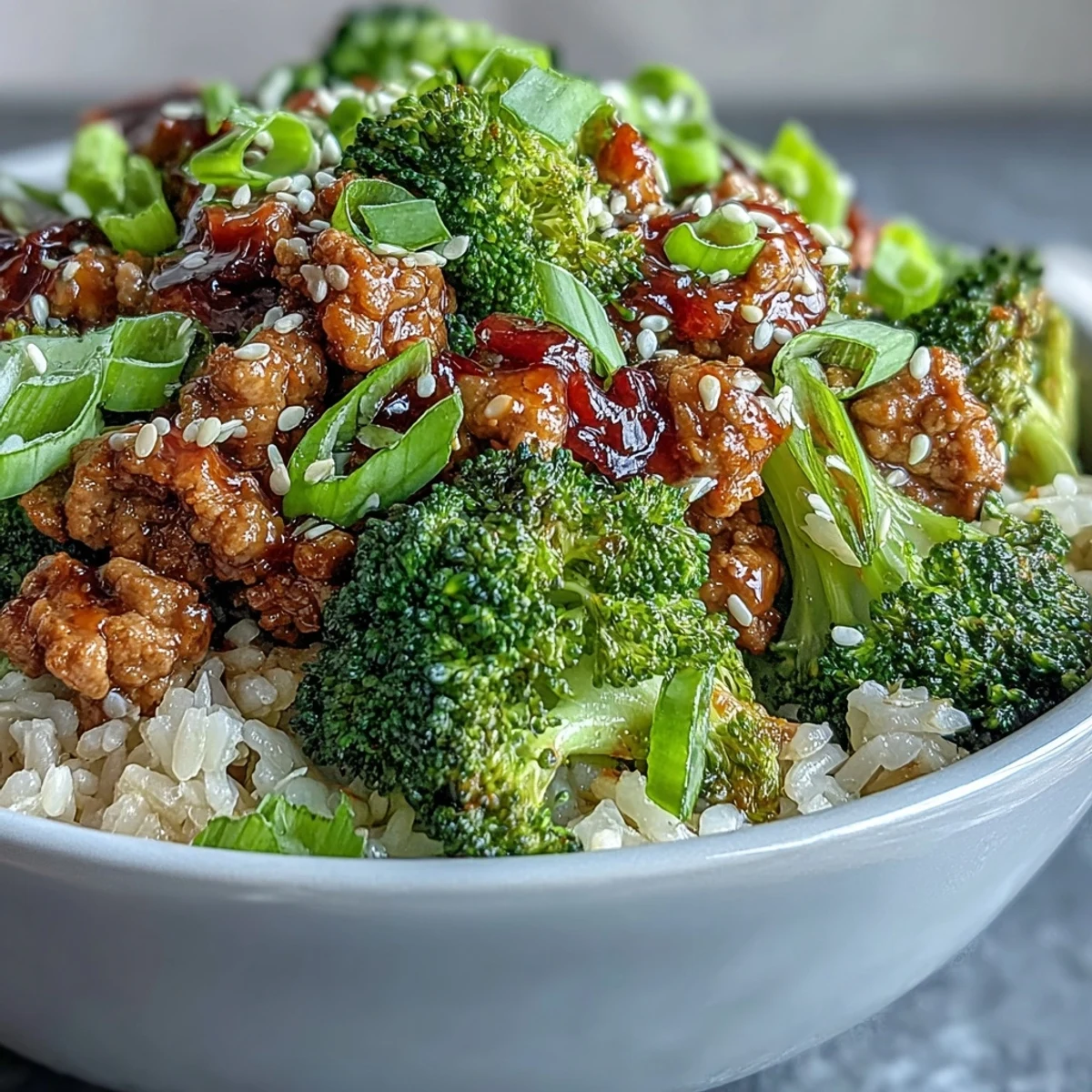 Sweet and Spicy Turkey Broccoli Bowls with steamed broccoli florets and brown rice topped with sesame seeds and green onions.