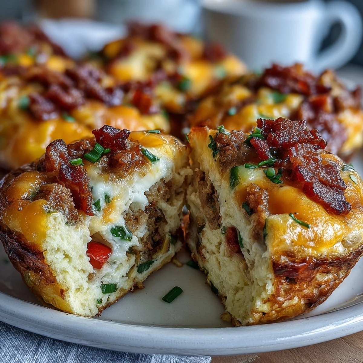 Golden-brown Breakfast Egg Muffins with melted cheddar, bacon, and bell peppers on a rustic wooden board, served warm.