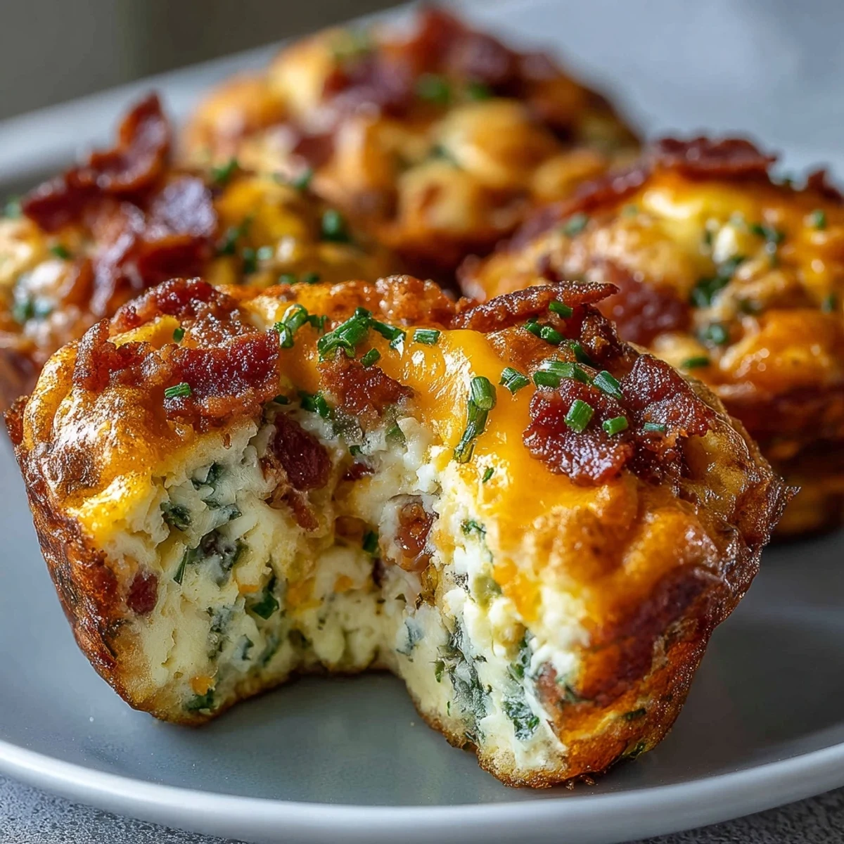 Freshly baked Breakfast Egg Muffins with cheese and peppers, garnished with chives and served alongside a cup of coffee.