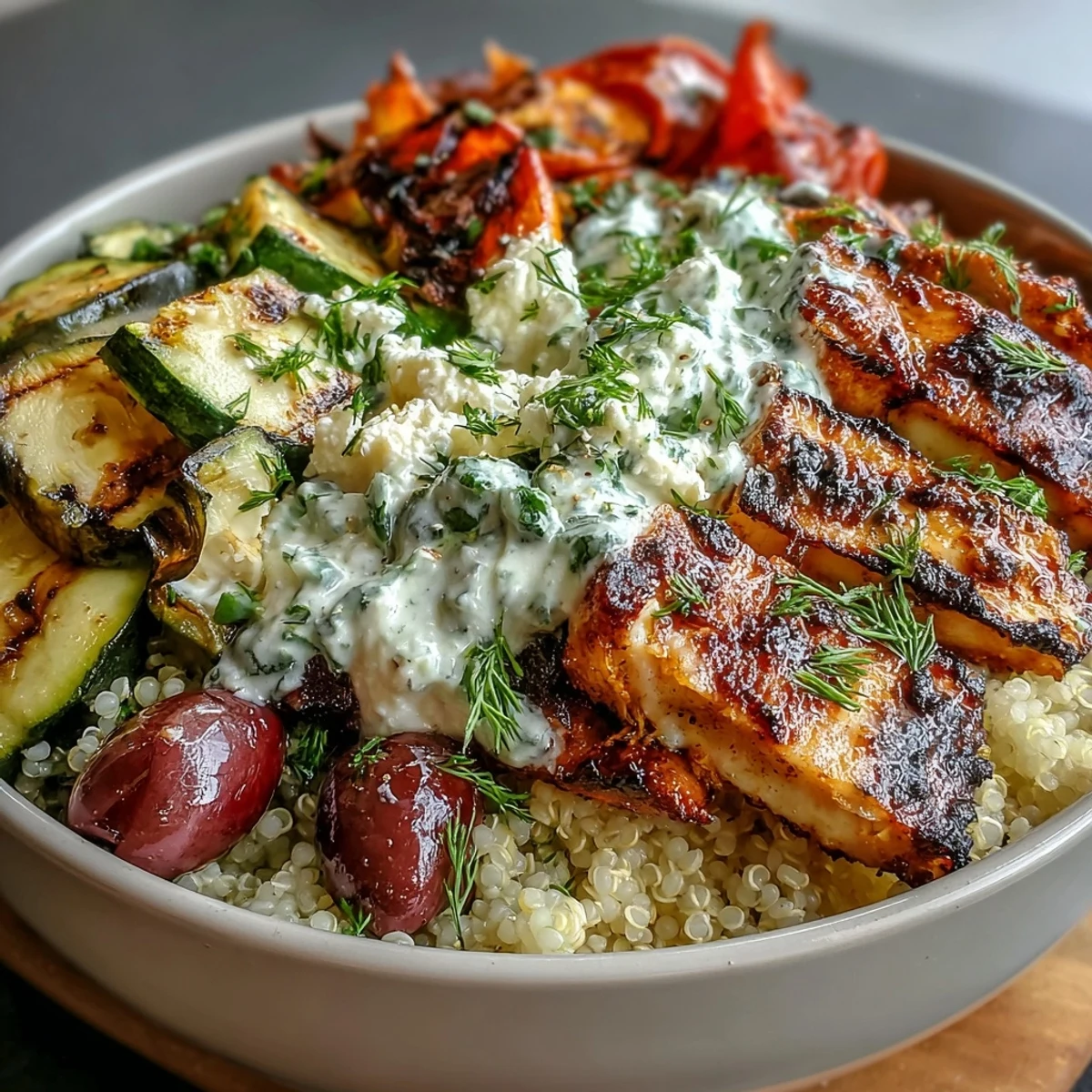 Drizzled with creamy tzatziki and topped with feta and olives, perfect for dinner.