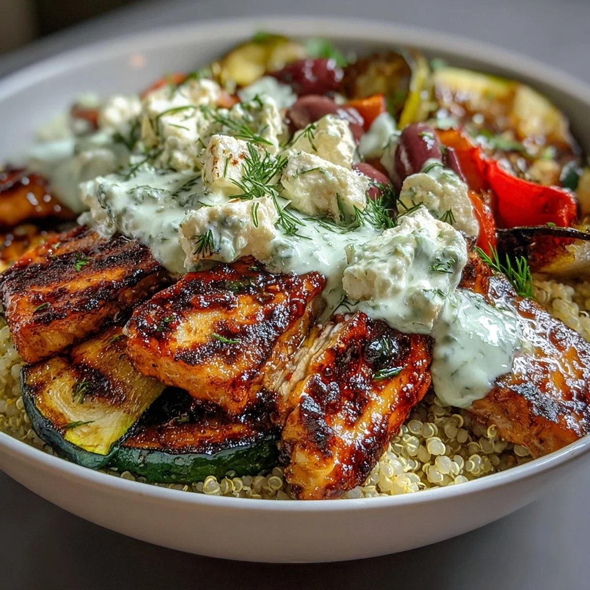 Grilled Mediterranean Bowl with charred zucchini, bell peppers, and eggplant on fluffy quinoa.