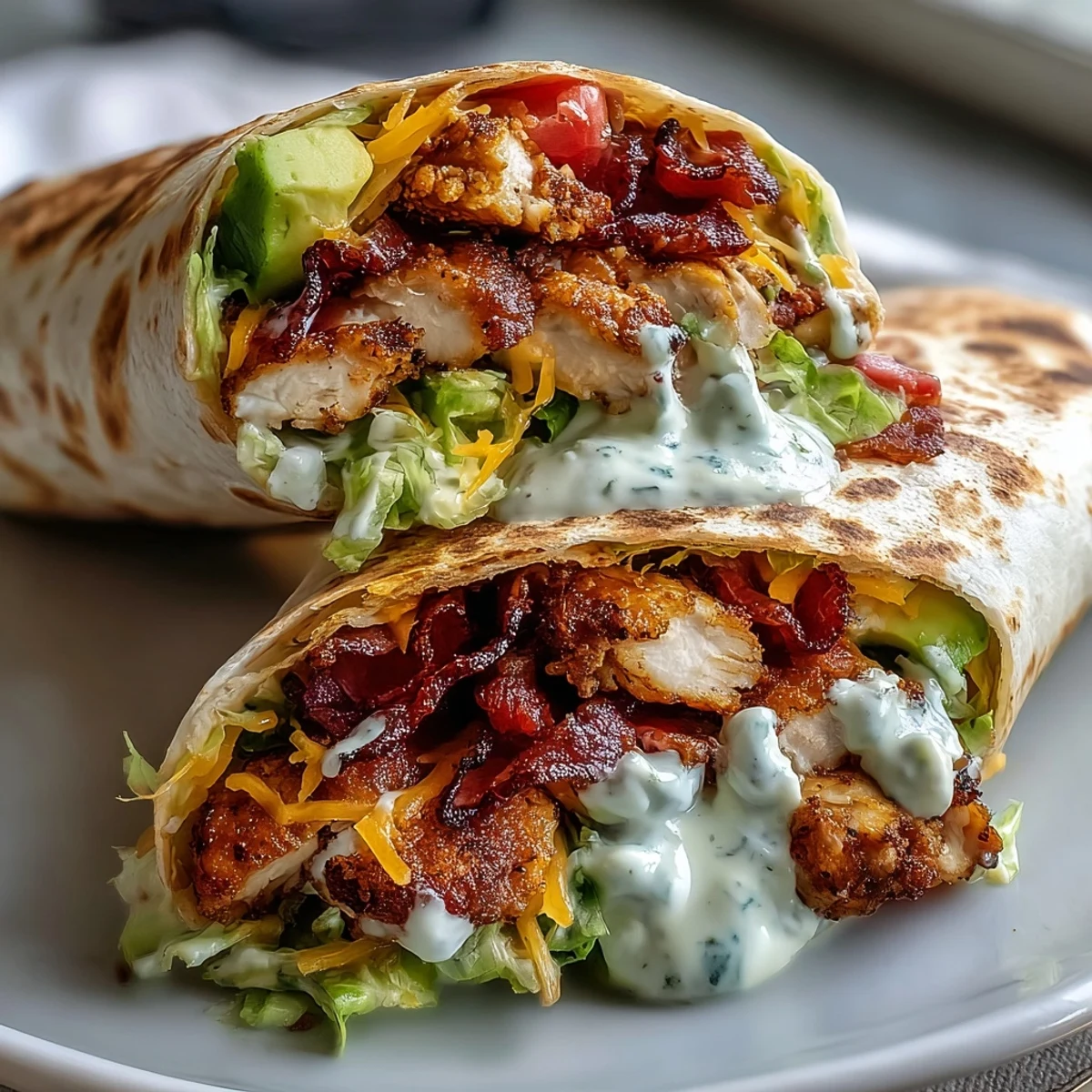 Golden-brown Crispy Chicken Bacon Wrap filled with shredded lettuce, diced tomato, and creamy avocado slices.