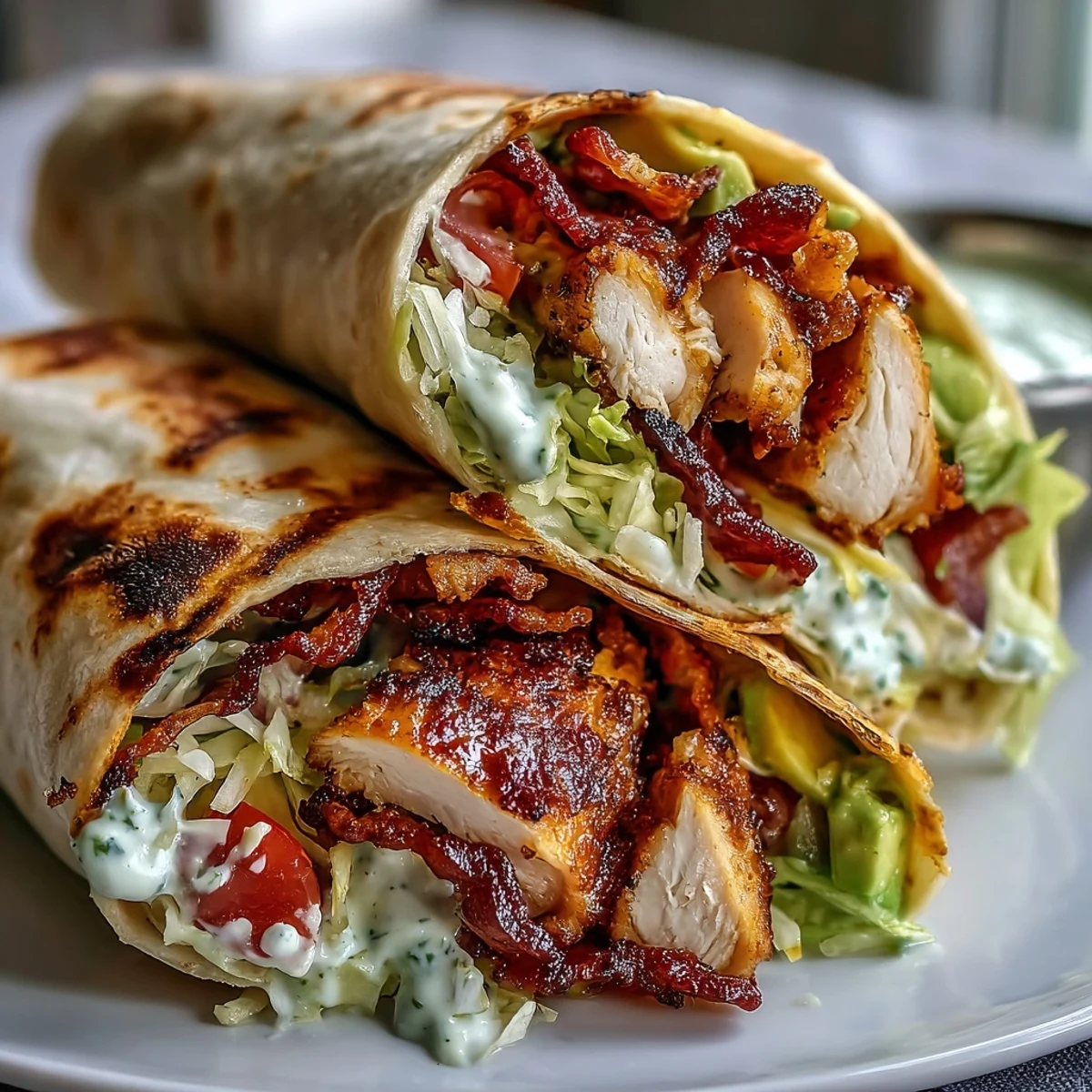 Freshly grilled Crispy Chicken Bacon Wrap showing melted cheddar and crispy bacon inside the tortilla.