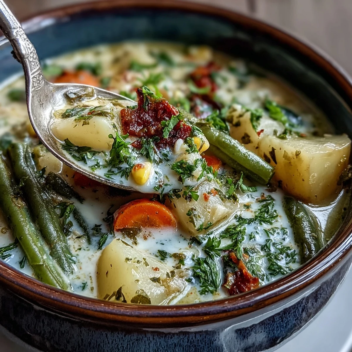 Creamy Amish Snow Day Soup with tender vegetables, thyme, and parsley, served steaming hot in a rustic bowl.