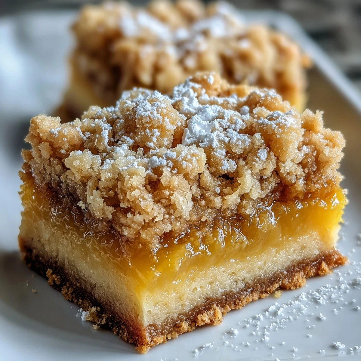 Golden-baked Homemade Lemon Crumb Bars, cut into squares and lightly dusted with powdered sugar.