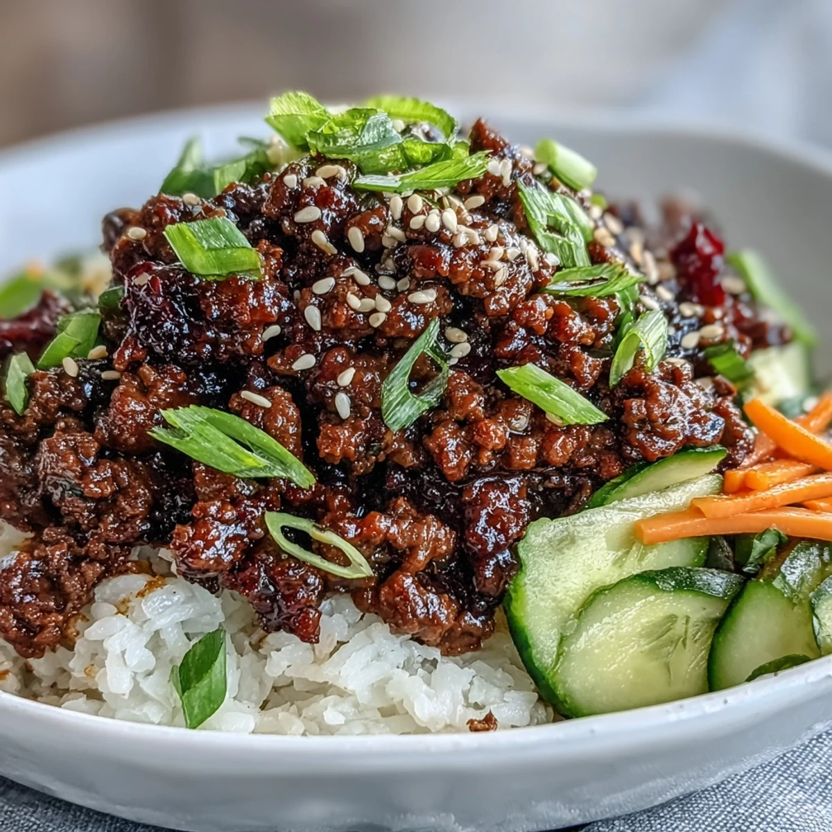 Garnished Korean ground beef bowl featuring fresh green onions, sesame seeds, and tangy pickled carrots.