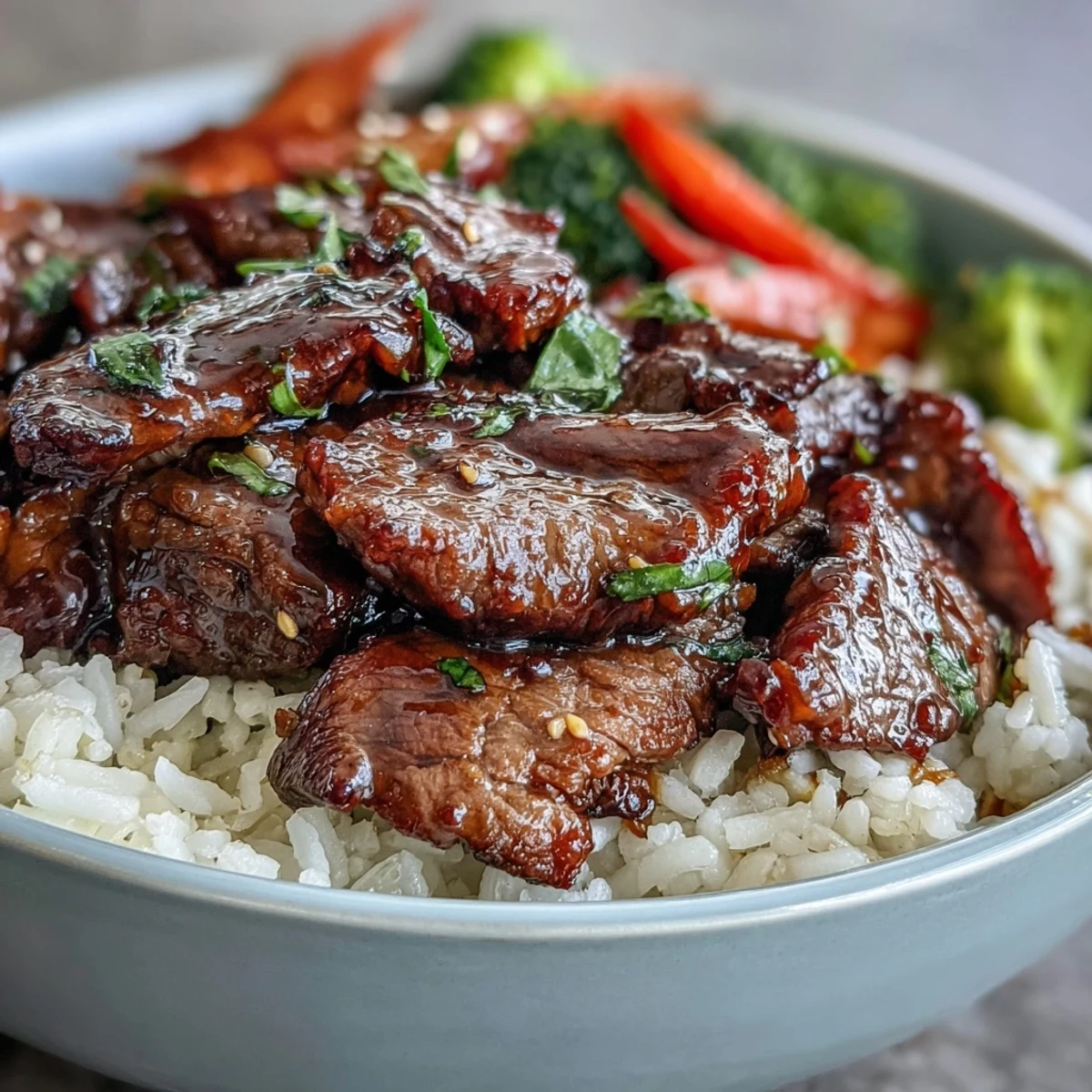 Steak and crisp broccoli glisten with sweet teriyaki sauce in a beef bowl over fluffy white rice.