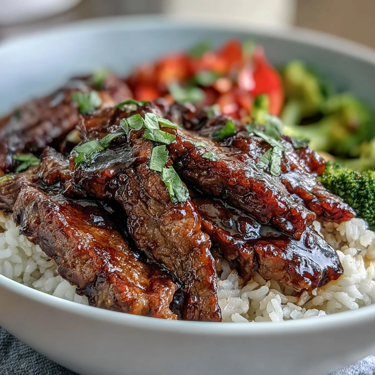 A close-up of a Teriyaki Beef Bowl with juicy beef, glazed veggies, and sesame seeds garnish.