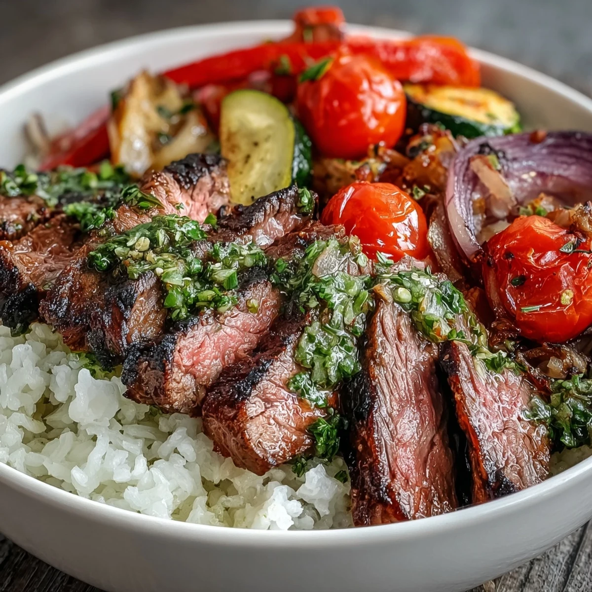 Savory Grilled Steak Bowl plated with tender sliced steak, roasted veggies, and rice, finished with a drizzle of chimichurri sauce.