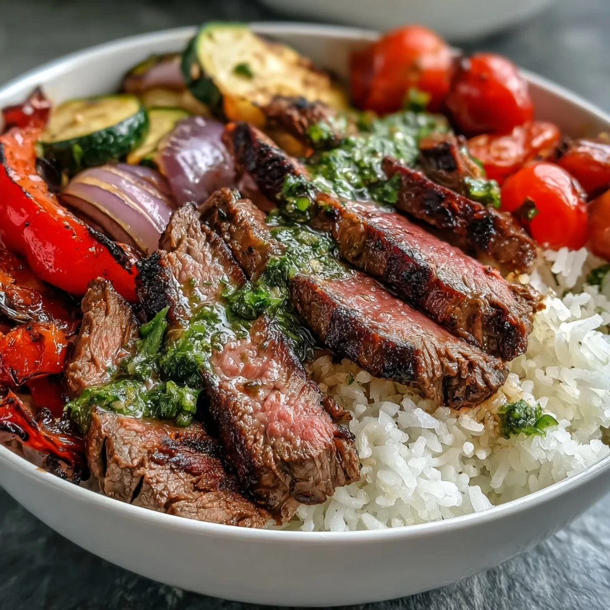 A warm Grilled Steak Bowl featuring juicy steak, fluffy rice, roasted peppers and zucchini, garnished with fresh parsley and chimichurri.