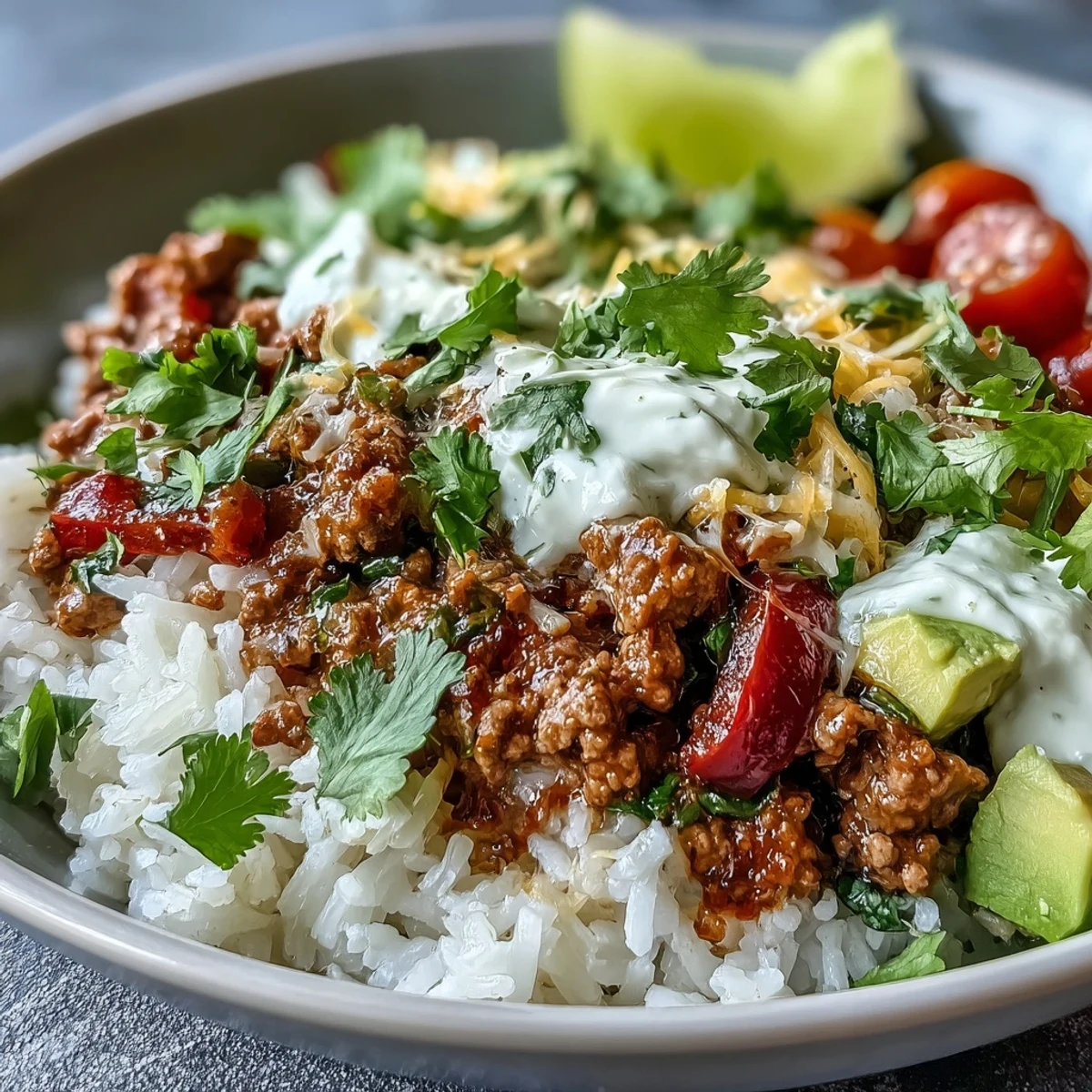 Freshly cooked ground turkey with taco seasoning is spooned over fluffy white rice in a colorful Turkey Taco Bowl.