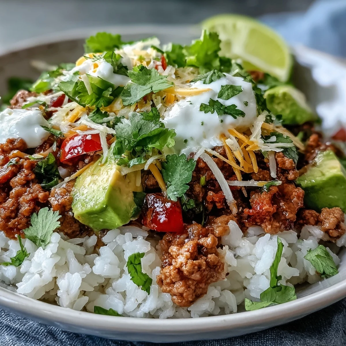 Chopped red bell peppers, avocado, and cherry tomatoes add vibrant color and fresh flavor to this healthy Turkey Taco Bowl.