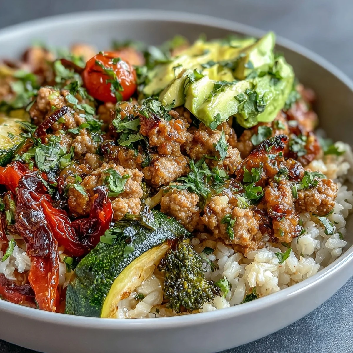 Freshly roasted red bell peppers and zucchini top a warm Ground Turkey Bowl, served with fluffy brown rice and sliced avocado.