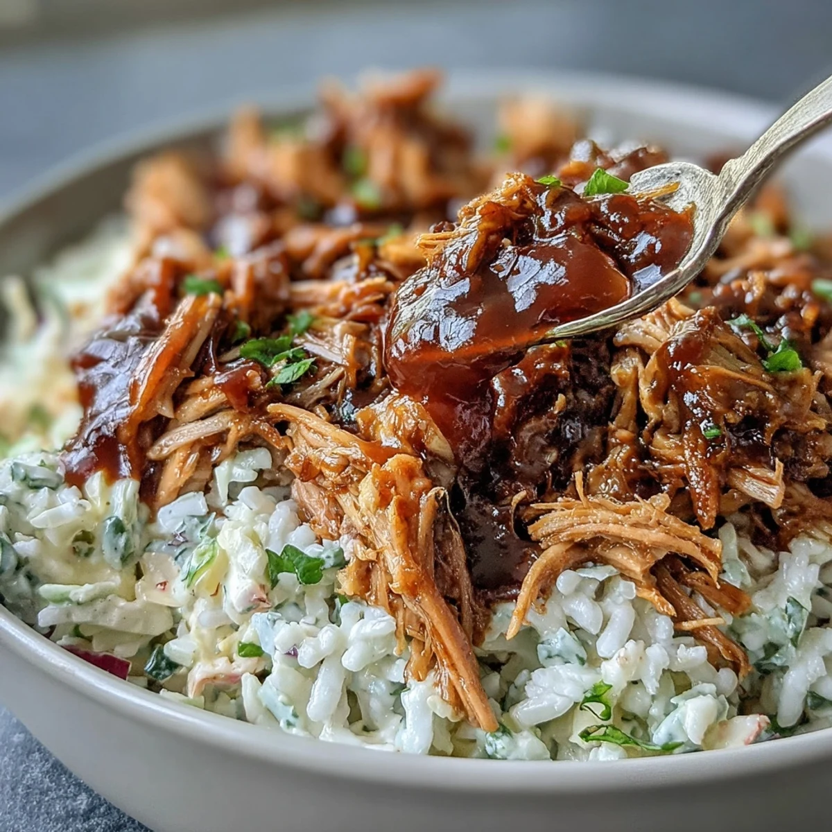 Gluten-free pulled pork bowl garnished with fresh cilantro and green onions, served over steamed rice.