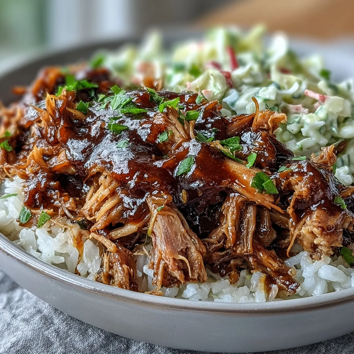 Hearty American pulled pork bowl with creamy coleslaw and BBQ sauce, ready for a family dinner.