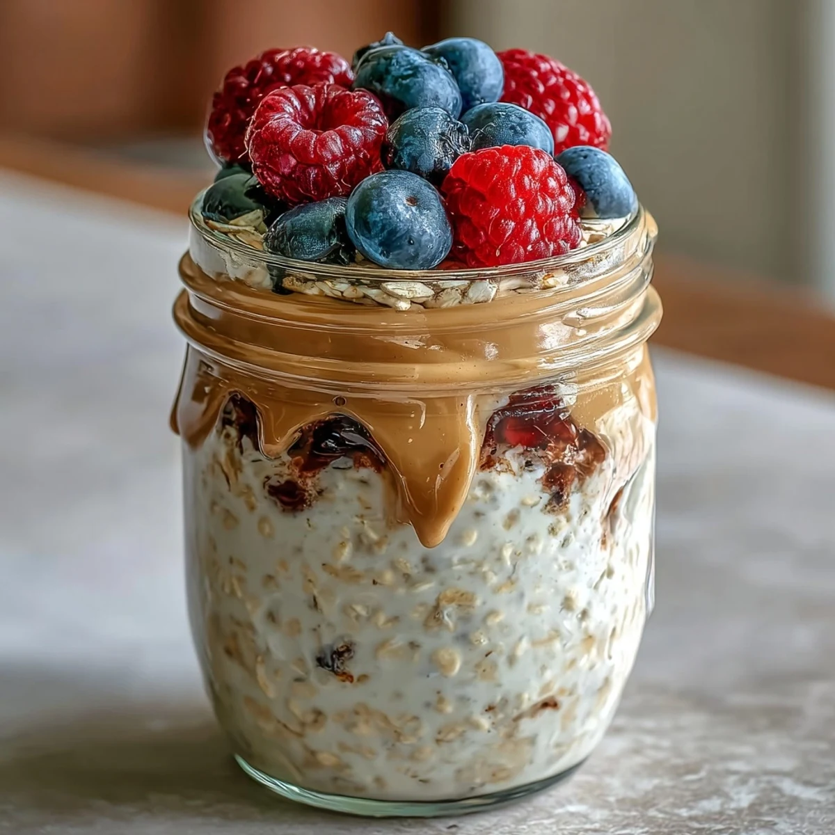 Clean Eating Berry Overnight Oats with Almond Butter Swirl in a glass jar topped with fresh strawberries and blueberries.
