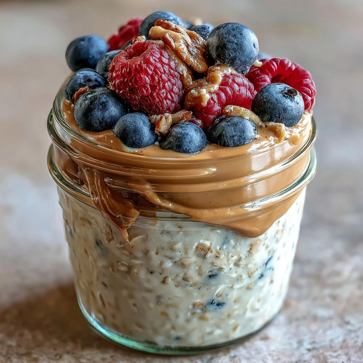 Creamy overnight oats layered with mixed berries and a rich almond butter swirl for a healthy, satisfying breakfast.