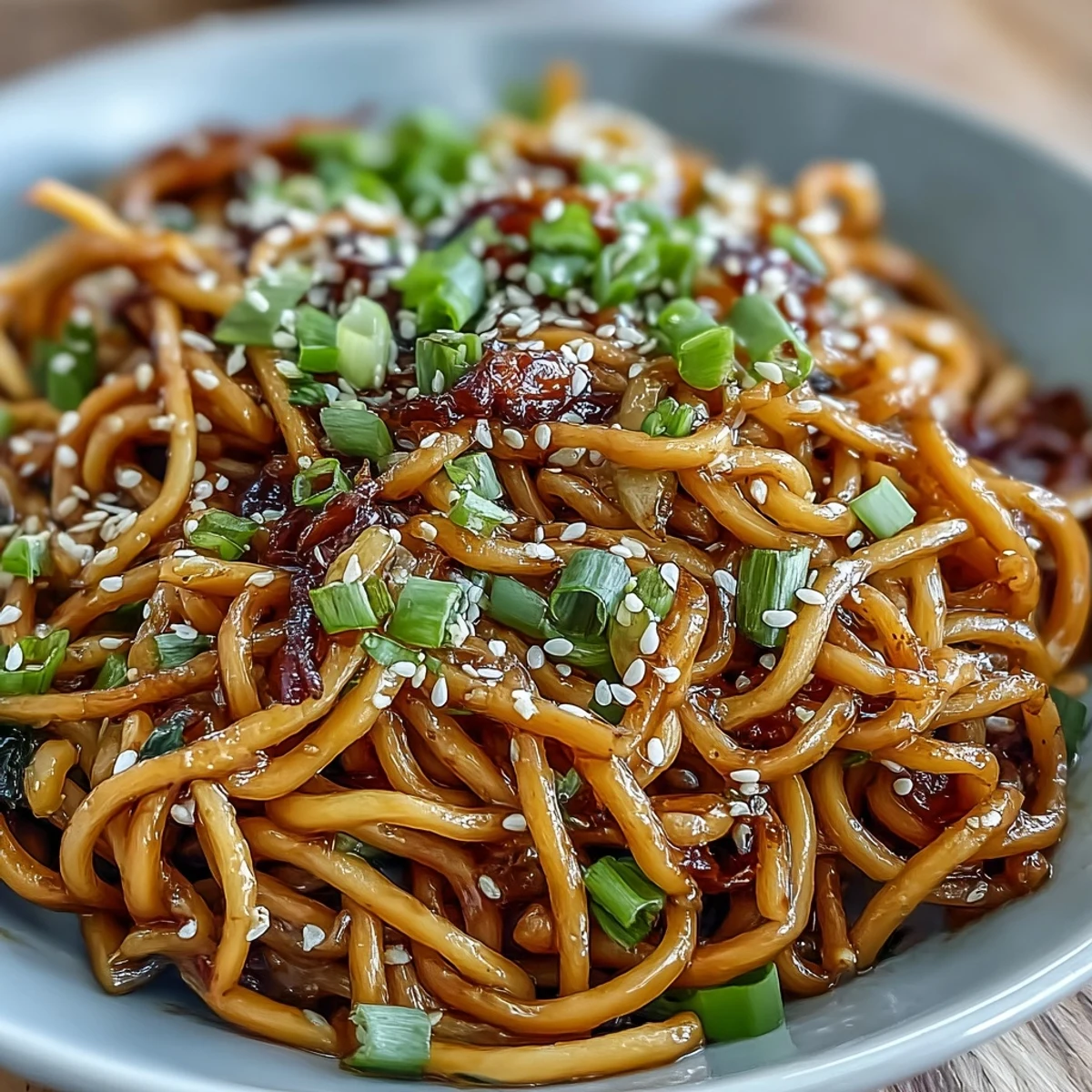 Savory Asian Ginger Scallion Noodles with Soy Glaze: al dente noodles tossed with aromatic ginger, scallions, and a rich soy glaze, topped with toasted sesame seeds for added crunch.