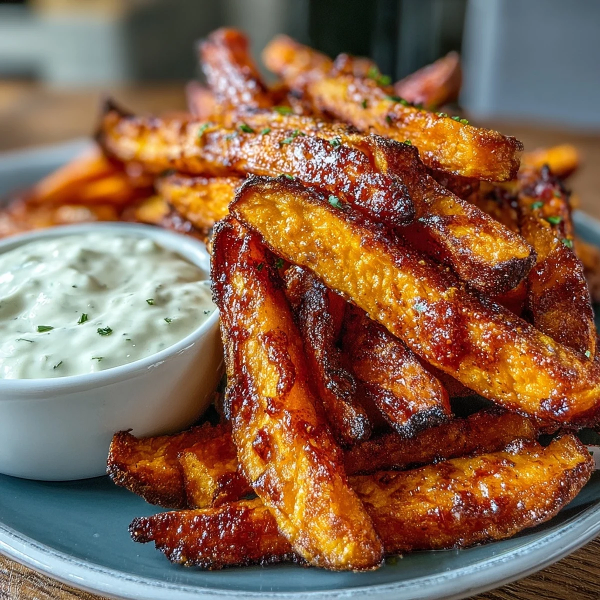 Crispy air fryer sweet potato fries served with a creamy homemade onion dip for a flavorful snack.  