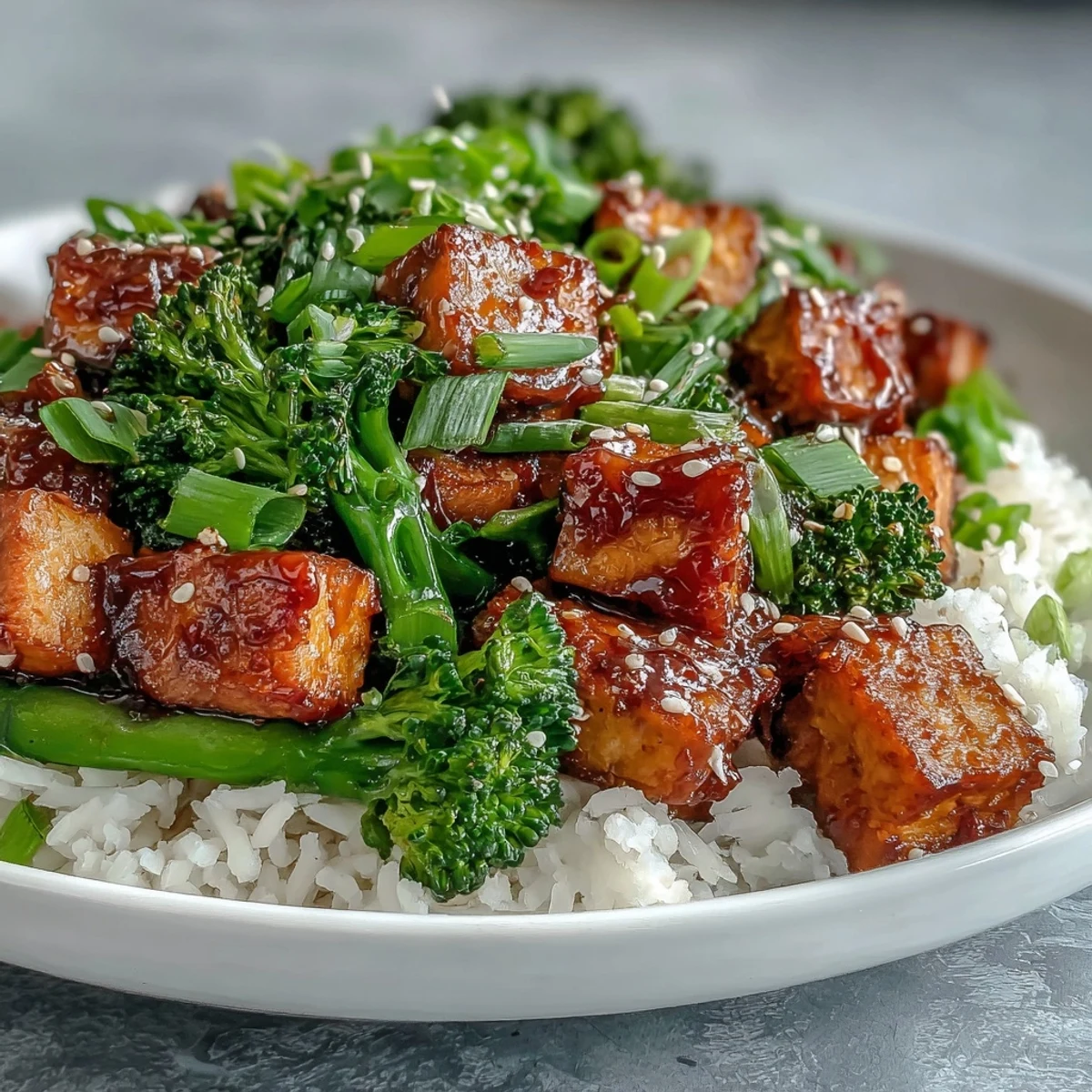 Colorful vegan teriyaki tofu stir-fry loaded with fresh broccoli, snap peas, and red bell pepper, tossed in a rich, glossy sauce.  