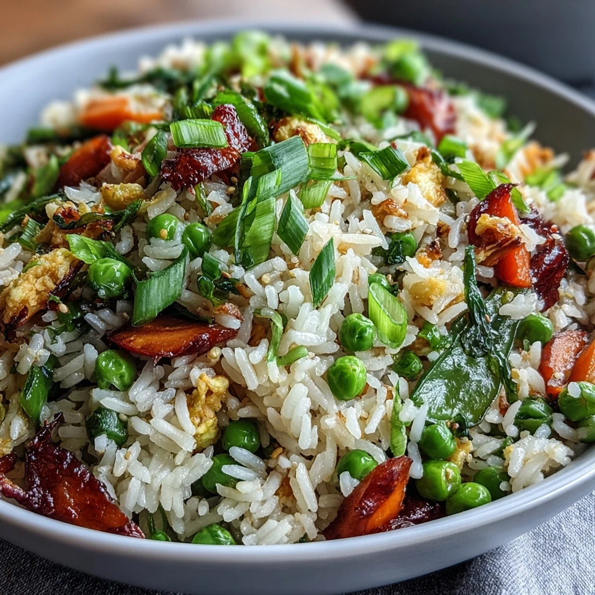 Vibrant veggie-packed fried rice with spring peas, carrots, and colorful vegetables, perfect for a healthy vegetarian meal.  