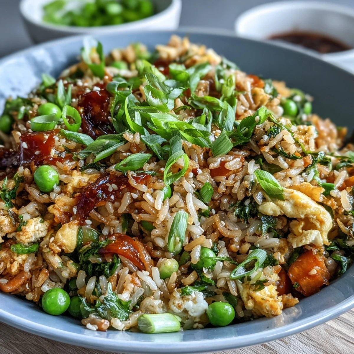 Healthy spring vegetable fried rice loaded with peas, carrots, and bell peppers, tossed with savory soy sauce and sesame oil.  