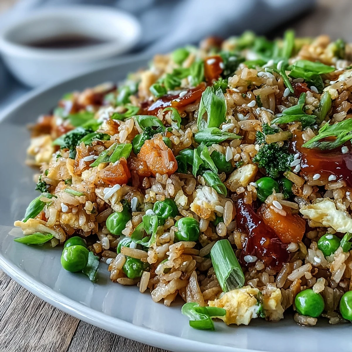 Quick and easy fried rice with fresh spring peas, diced carrots, and ginger, ideal for a nutritious main or side dish.