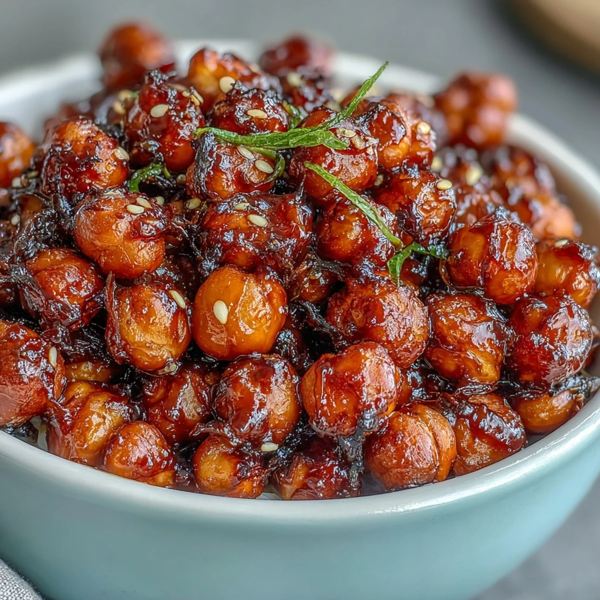 Crispy chickpeas in spicy chili-garlic sauce served over fluffy jasmine rice in a vibrant vegan bowl.  