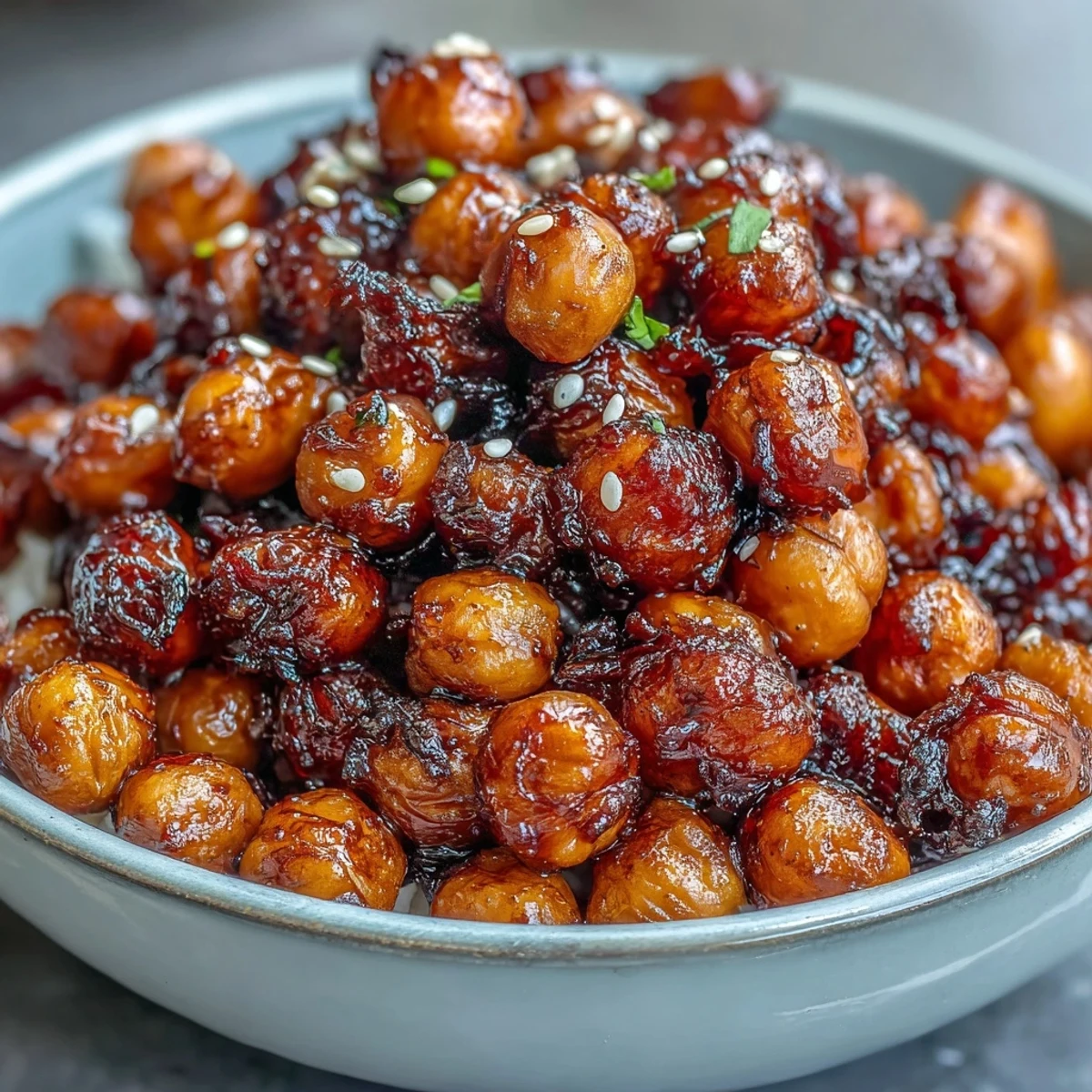 Spicy chili-garlic crispy chickpeas atop steaming jasmine rice, garnished with scallions and sesame seeds for a flavorful vegan meal.