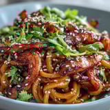 Fork-tender swede ribbons nestle in rice noodles for these Gochujang Swede Noodles, garnished with cilantro and toasted sesame seeds for a hearty vegan meal.