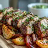 Freshly baked Pork and Aromatic Rhubarb Traybake steams on a baking sheet, showcasing tender meat and vibrant red onions.