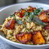 A close-up of Vegan Pumpkin Risotto featuring tender roasted pumpkin cubes and aromatic fried sage, ready to be enjoyed.