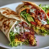 Crispy Chicken Bacon Wrap served warm with a side of tangy mayo dipping sauce.