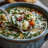 A cozy bowl of Amish Snow Day Soup, featuring hearty potatoes, carrots, and corn swimming in a velvety broth.