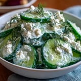 A bowl of Creamy Cucumber Salad with Dill and Greek Yogurt, featuring crisp cucumbers and tangy dressing.