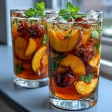 A vibrant pitcher of mango peach sangria with fresh fruit slices and mint garnish, perfect for summer parties.  