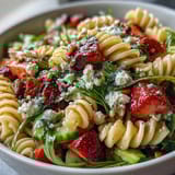 Vibrant Spring Pasta Salad featuring juicy strawberries, crumbled feta, and peppery arugula, tossed in a light balsamic dressing.