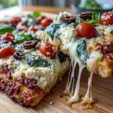 Protein-packed cottage cheese flatbread pizza with a tender crust, fresh tomato slices, and aromatic basil leaves for a healthy meal.  